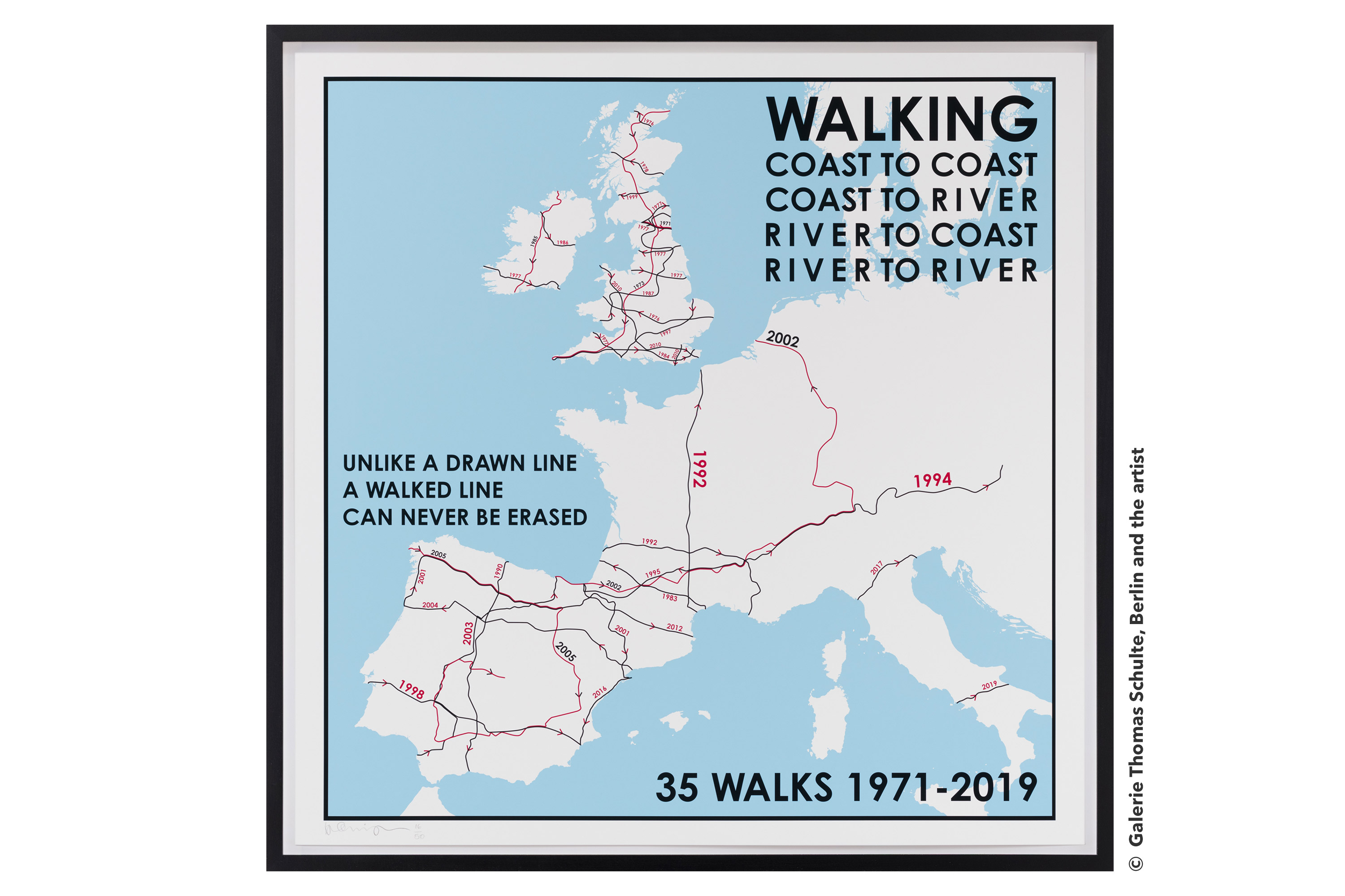 Hamish Fulton, 35 Walks Map. Europe. 1971-2019, 2019, Druck, 68,2 x 67,7 cm ©  Galerie Thomas Schulte, Berlin and the artist
