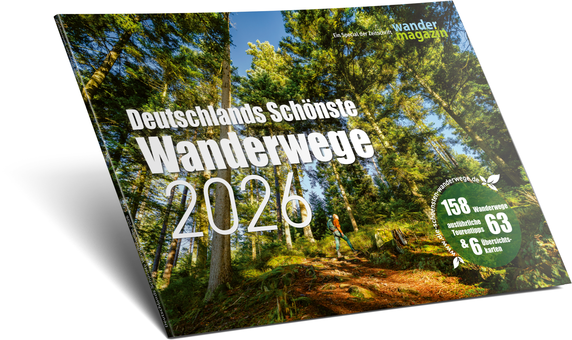 Das Cover vom Magazin Deutschlands schönste Wanderwege 2026 mit einer Frau die in einem Wald wandert