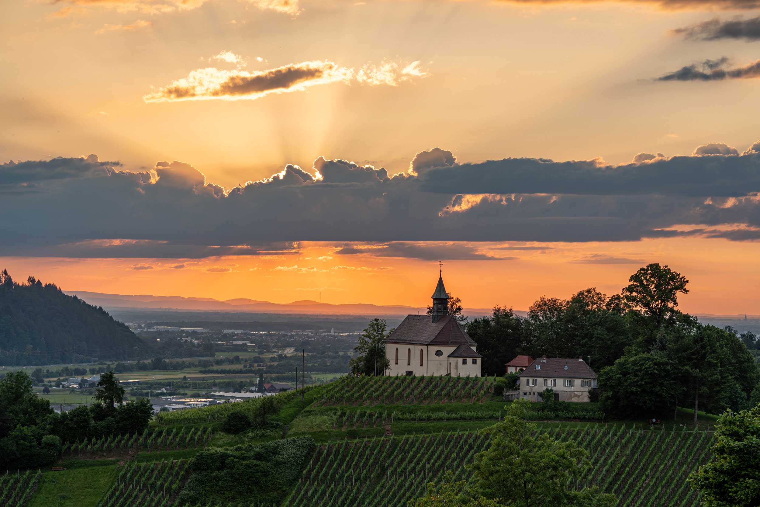 Eine Kirche auf einem Weinberg, im Hintergrund der Sonnenuntergang