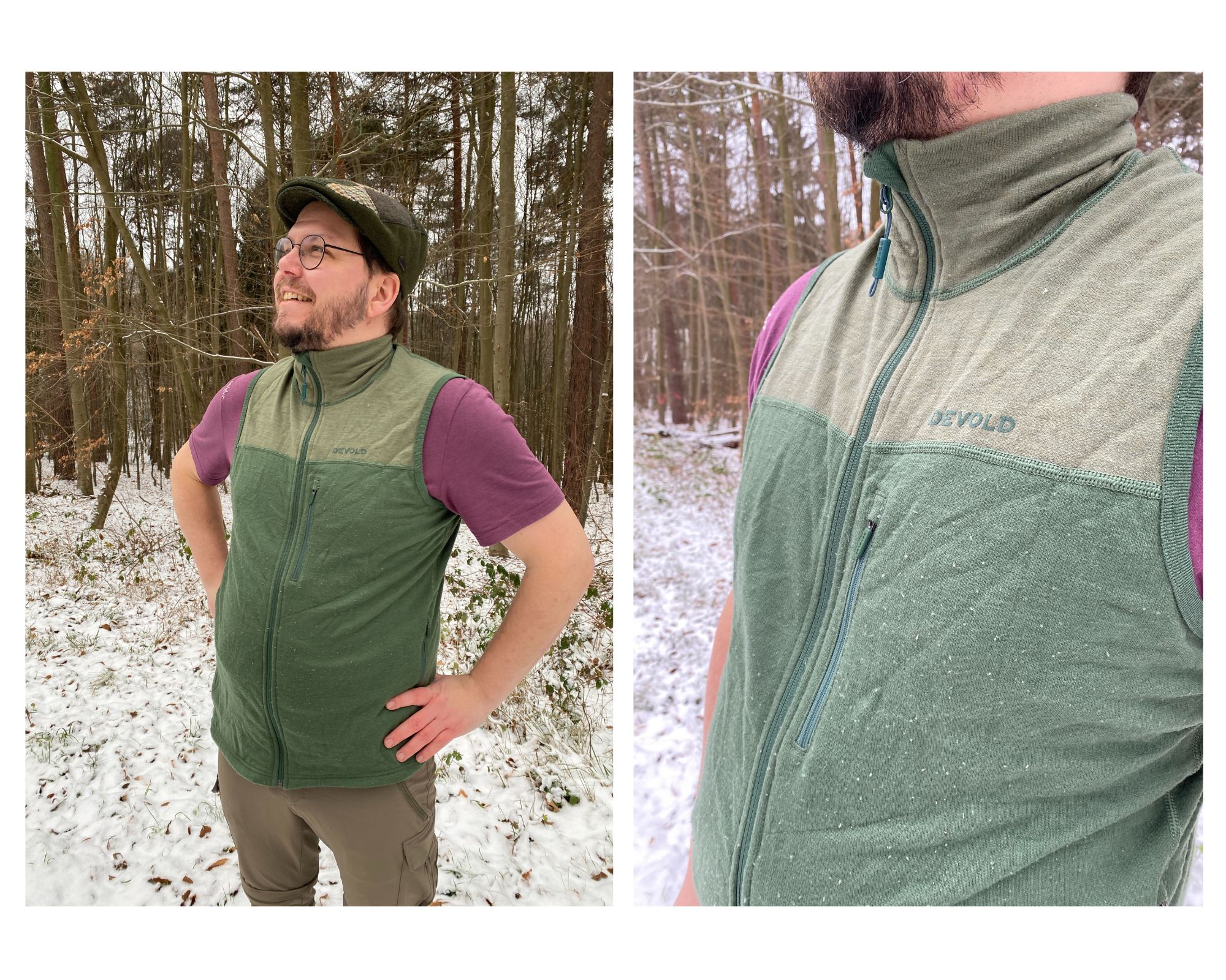 Redakteur Merlin mit der Weste von Devold im Wald mit Schnee