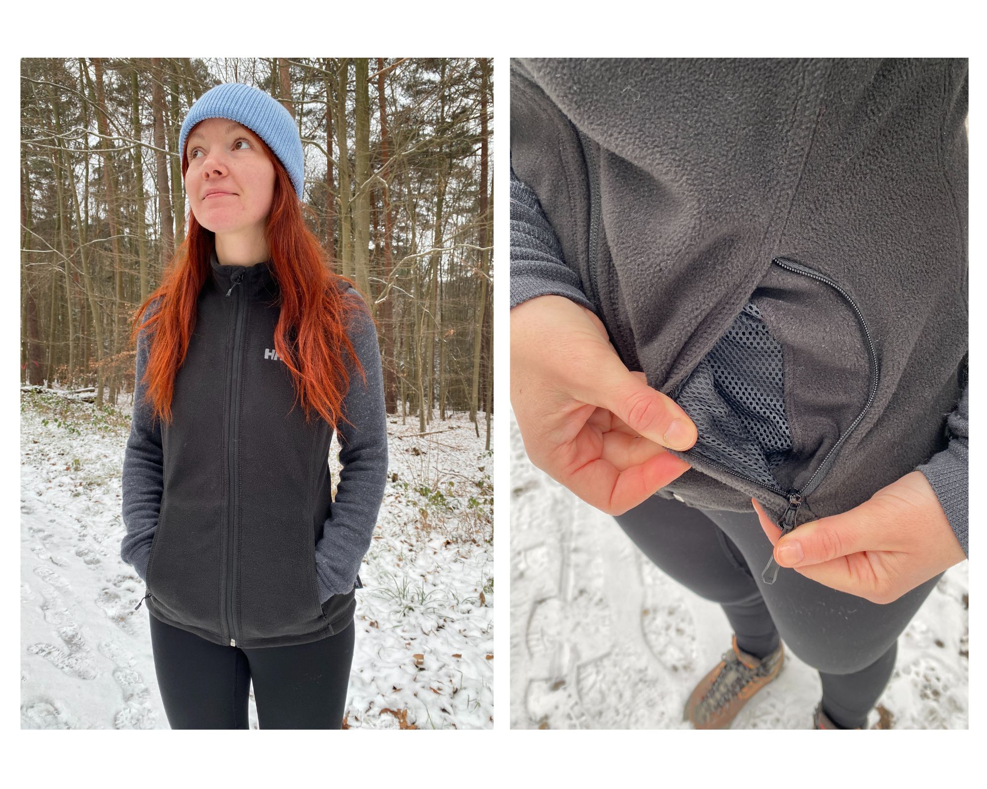 Redakteurin Marieke mit der Weste von Helly Hansen im Wald mit Schnee