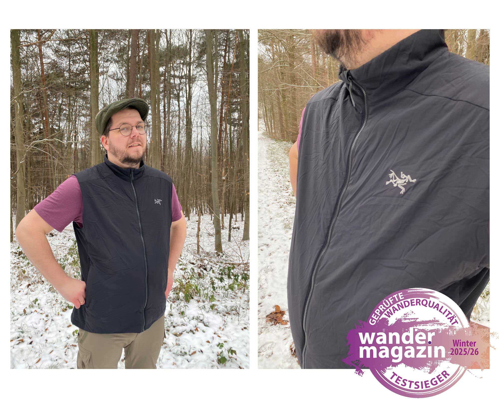 Redakteur Merlin mit der Weste von Arcterycs im Wald mit Schnee