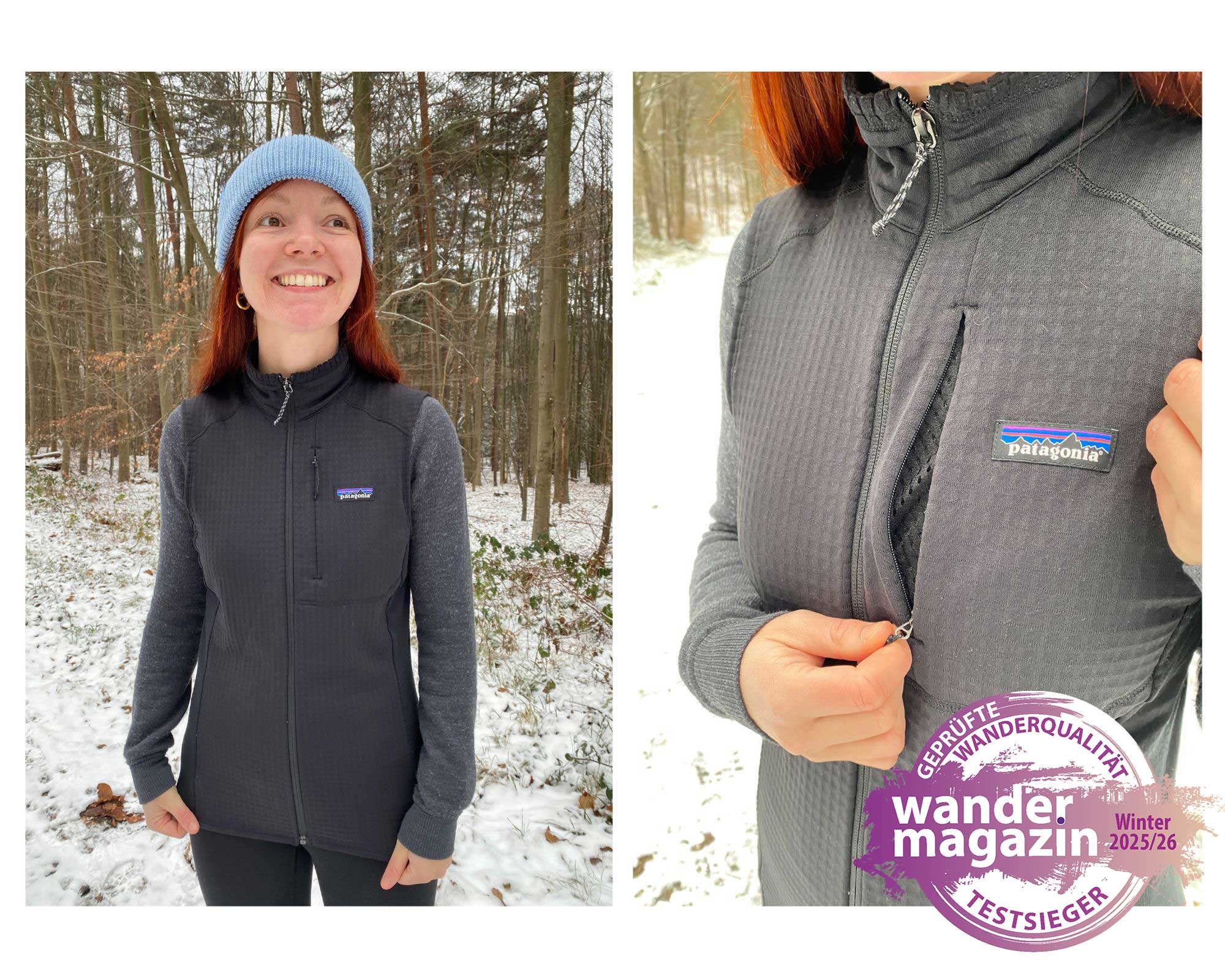 Redakteurin Marieke mit der Weste von Patagonia im Wald mit Schnee