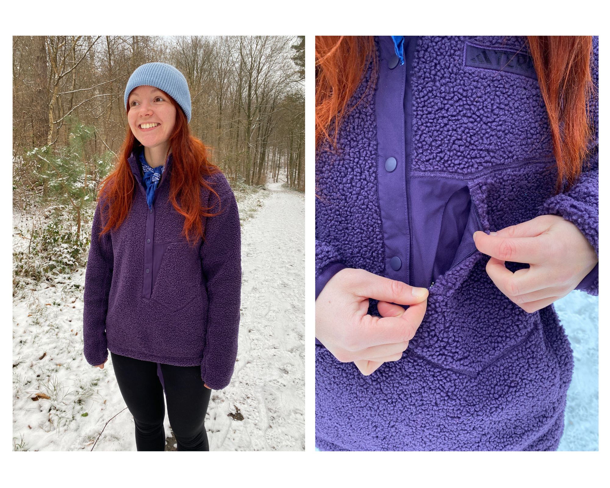 Redakteurin Marieke mit der Weste von Adidas im Wald mit Schnee