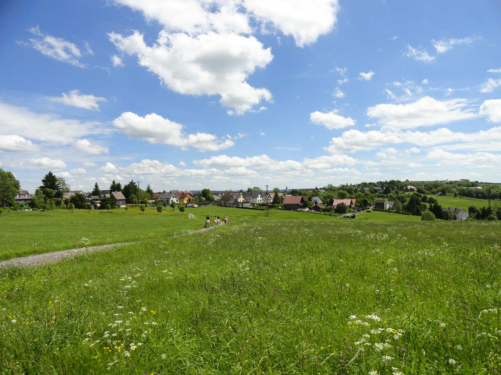 Eine Wiese mit einem Dorf im Hintergrund und ein Weg mit zwei Reitern