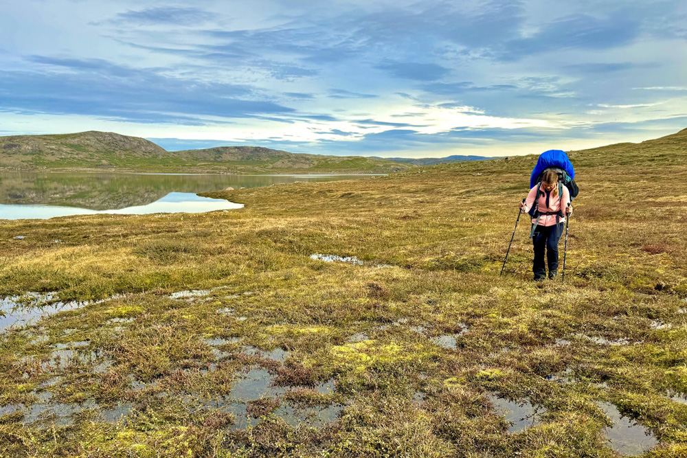Eine Wanderin mit großem Rucksack und Trekkingstöcken in einer sumpfigen weiten Grasebene, im Hintergrund ein Gewässer