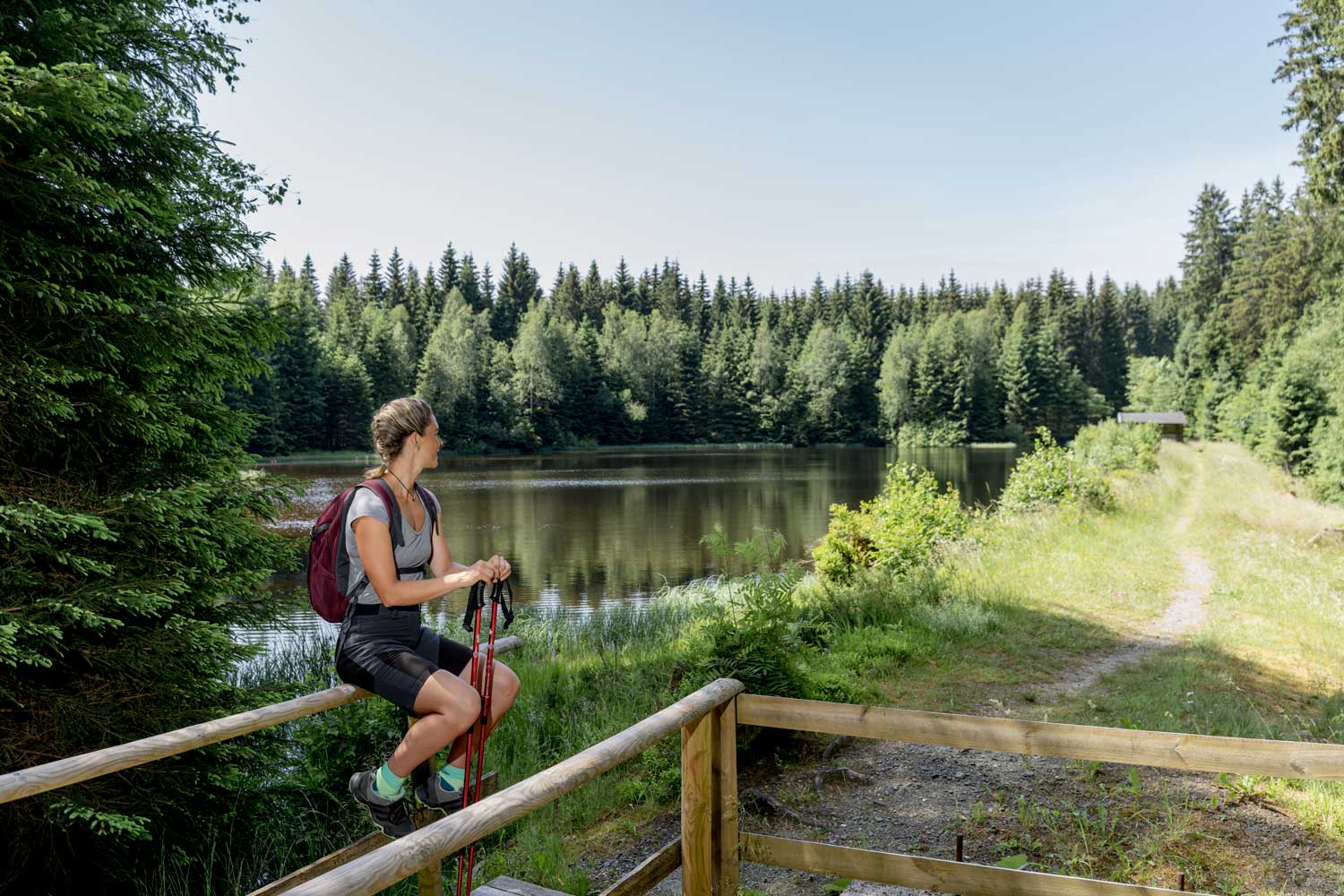 Eine Frau sitzt auf einem Holzzaun an einem See im Wald