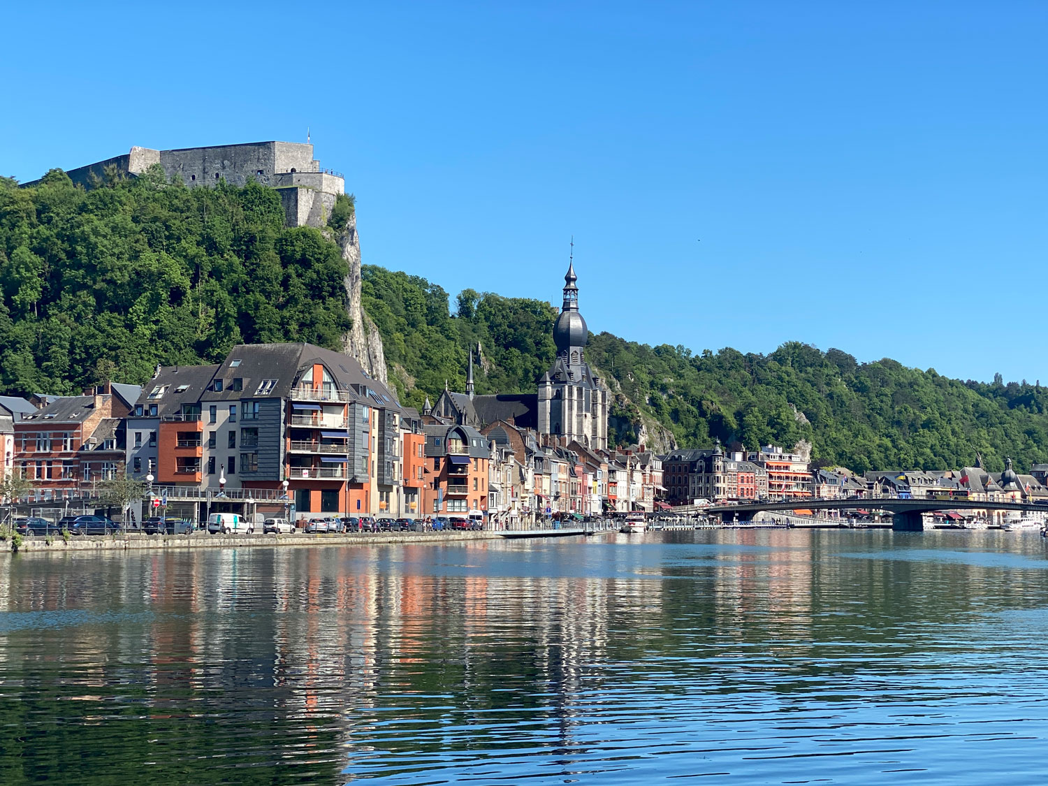 Blick auf die Stadt Dinant an der Maas in Belgien