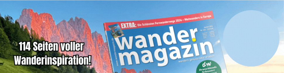 Das Cover der neuen Wandermagazin-Ausgabe mit den Dolomiten im Sonnenuntergang