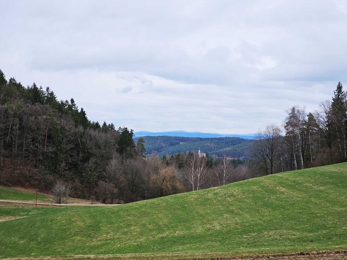 Bei Hundessen der erste Blick auf die Mariensteinkirche in der Ferne