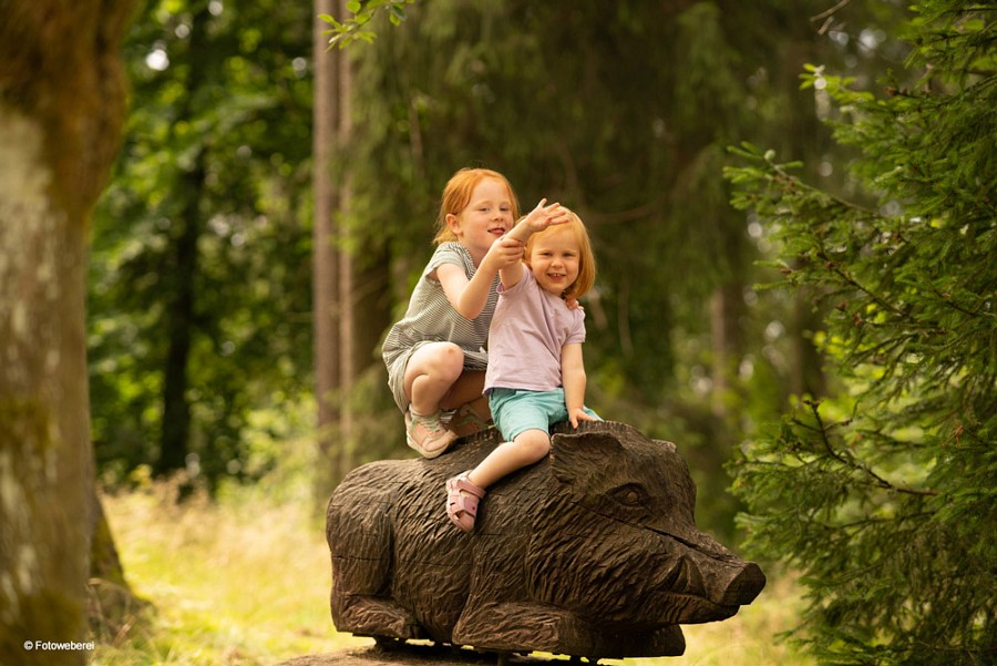 Zwei Kinder auf einem Holzwildschwein im WeltWald Harz