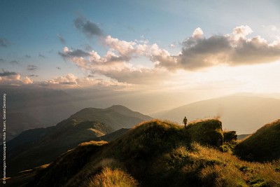 Eine gräserne Bergkuppe im Sonnenlicht