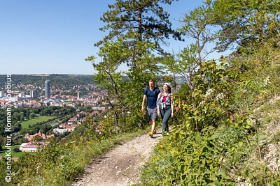 Zwei Wandernde auf einem Pfad an einer Felswand, im Hintergrund die Stadt Jena