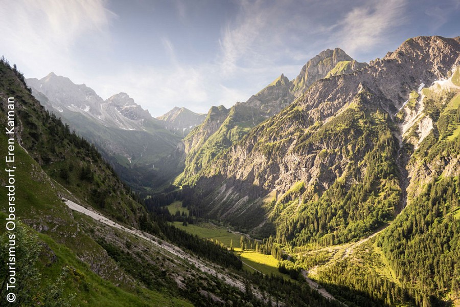 Grüne Wiesen und schroffe Felsen im Oytal