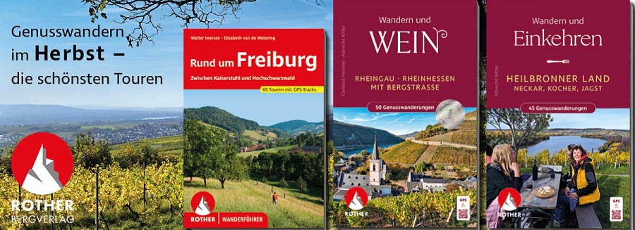 Drei verschiedene Buchcover zum Thema Herbstwanderungen nebeneinander. 