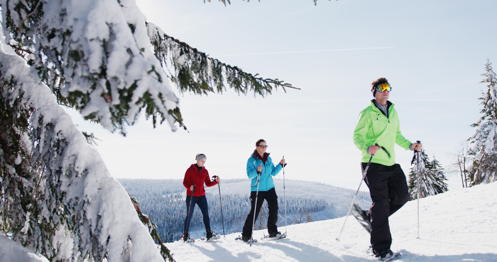 Drei Schneeschuhwandernde erklimmen einen verschneiten Hügel.
