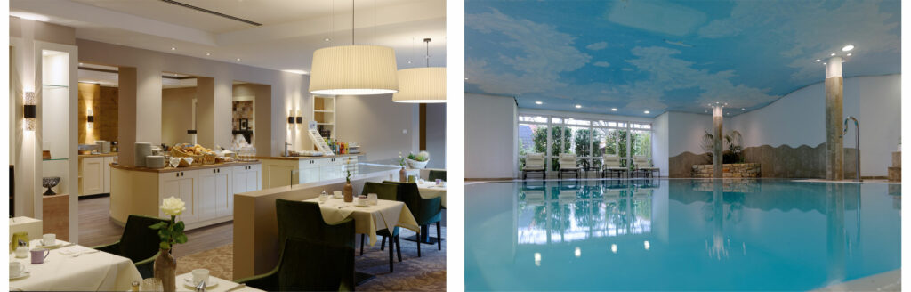 Zwei Bilder: Links gedeckte Tische in einer wohnlichen Restaurantstube, rechts ein Indoor-Pool