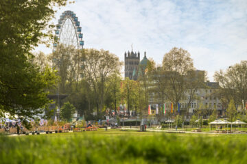 Hinter einer Wiese mit Blumen und Bäumen ragen ein Riesenrad und Kirchtürme empor