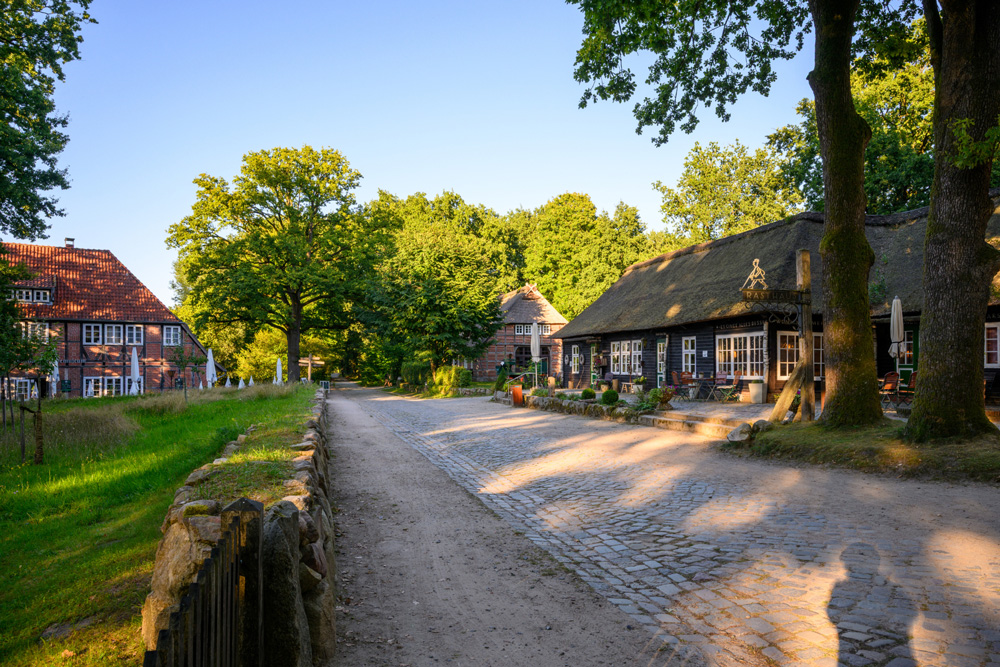 Eine gepflasterte Straße zwischen Fachwerkhäusern und Höfen