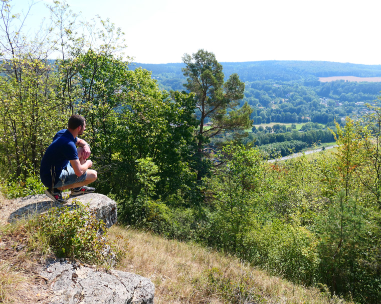 Ein Mann hockt auf einem Stein und blickt durch Baumwipfel in die Ferne