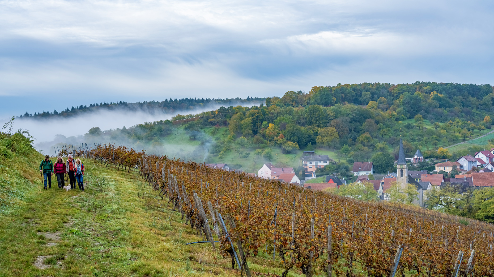 Nebel über einem Tal mit Dorf und Weinberg, am Rand eine kleine Wandergruppe