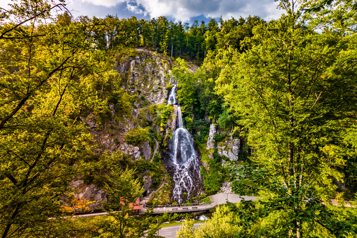 Blick durch die Bäume auf eine Felswand mit Wasserfall
