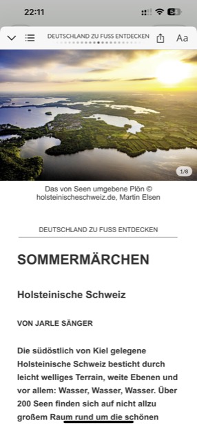 Artikel im Lesemodus der Wandermagazin App, mit Schalter für die Schriftgröße
