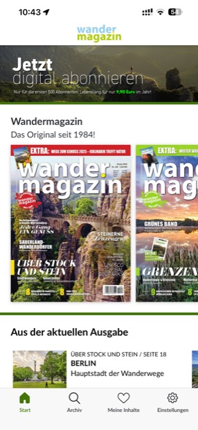 Startbildschirm der Wandermagazin App mit den aktuellen Ausgaben