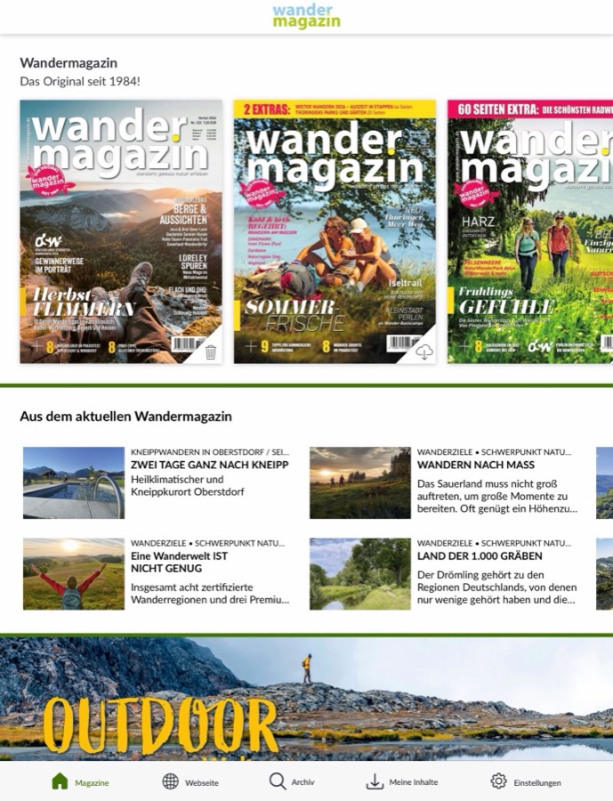Wandermagazin Digital auf dem Tablet: Übersicht aller Ausgaben
