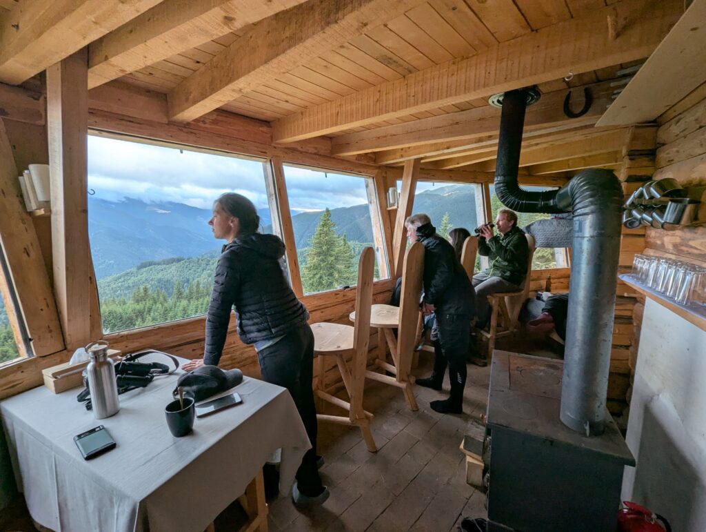 Menschen in einer Hütte mit Ofen stehen an einer Fensterfront und schauen nach draußen über bewaldete Hügel.